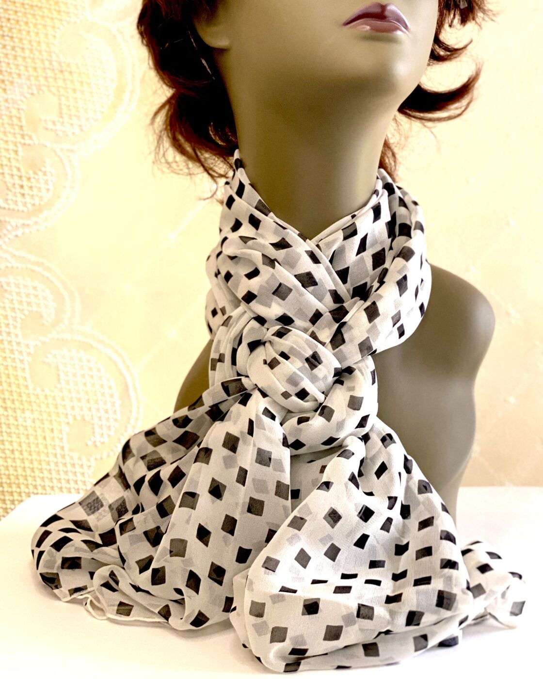 White and Black Checkered Silk Scarf