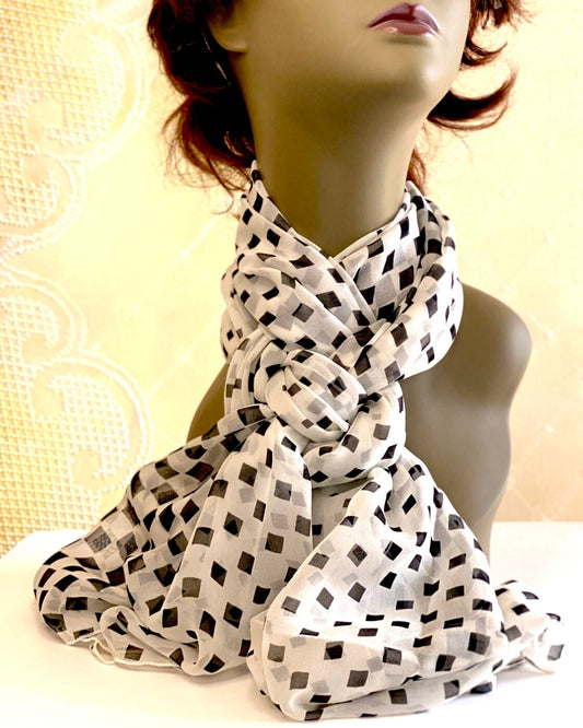 White and Black Checkered Silk Scarf
