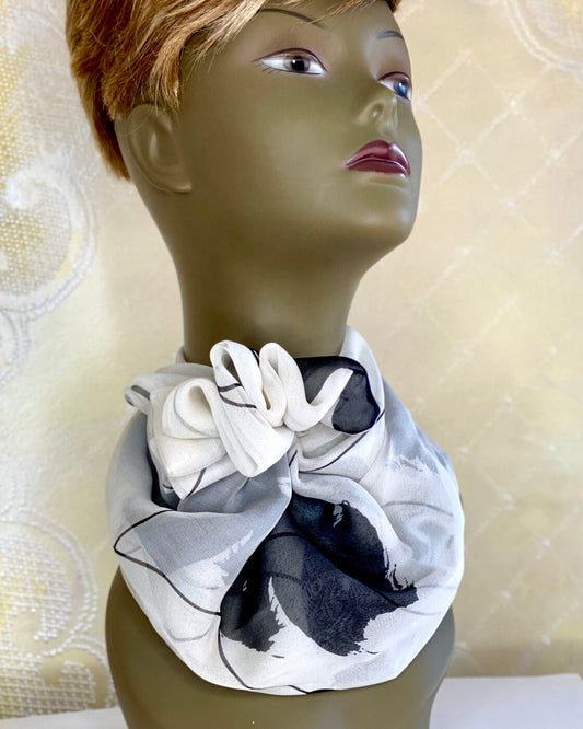 White and Black Patterned Silk Scarf