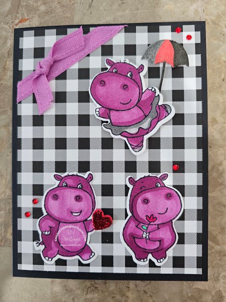 3 Purple Hippos On Black & White Background Greeting Card
