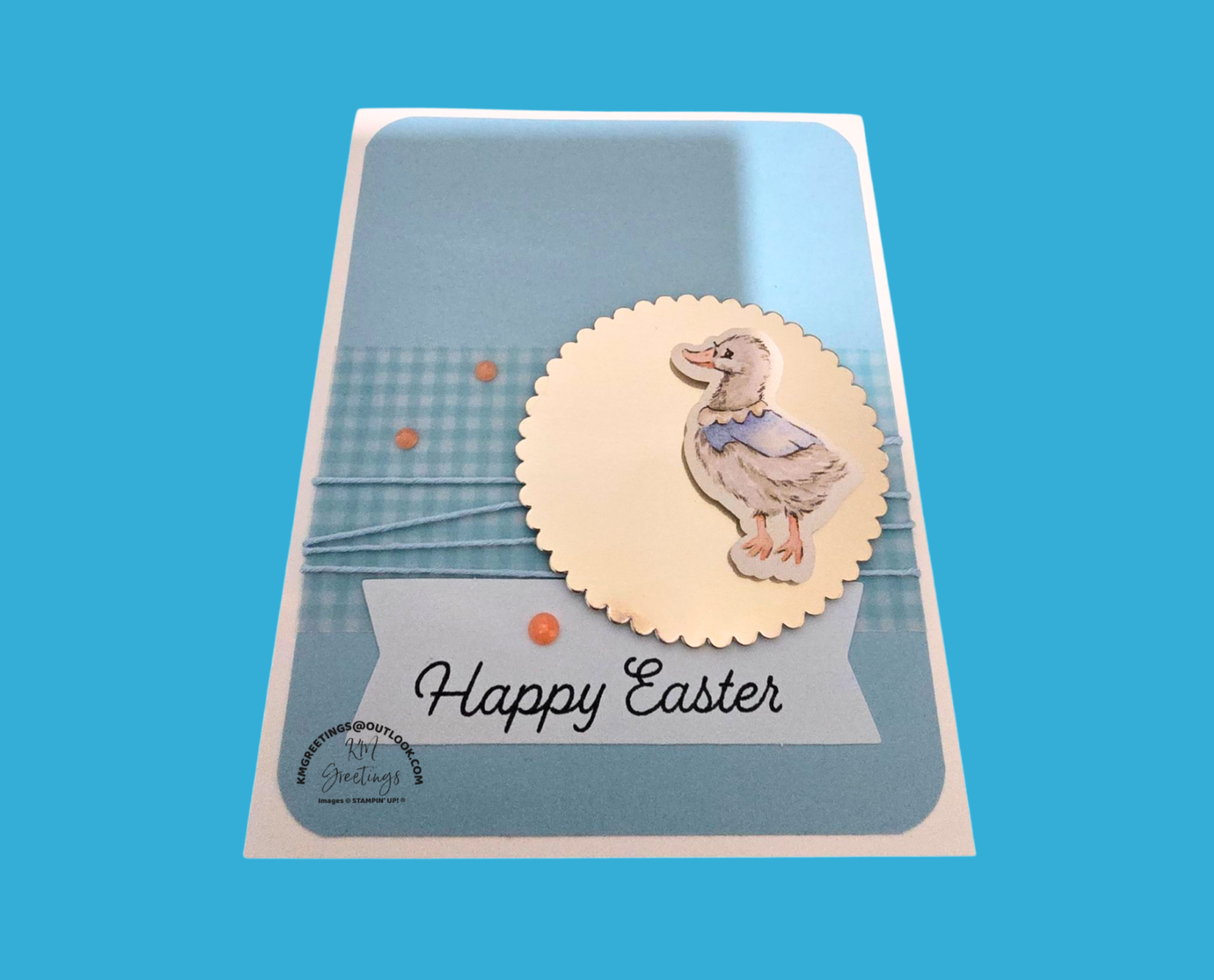“Happy Easter” (goose on blue) Greeting Card