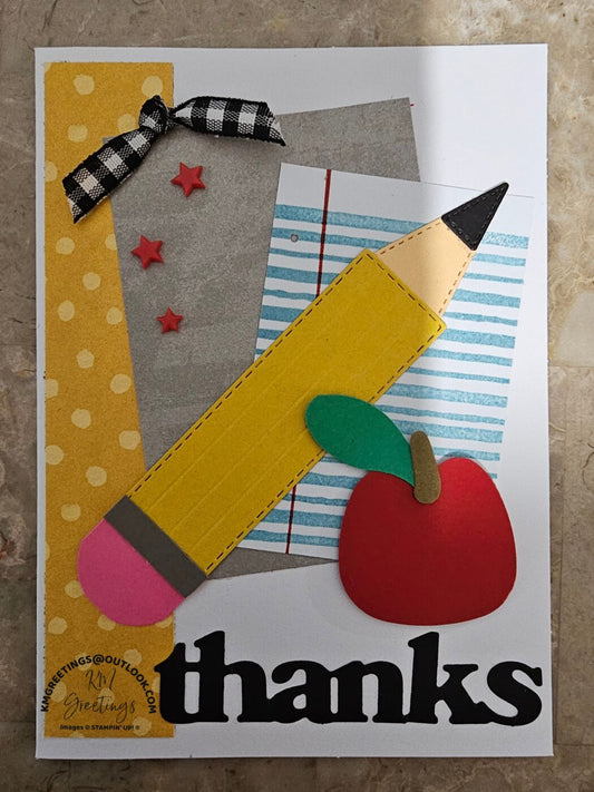 Dark Pencil, Apple, Chalkboard on Yellow Striped Background (Thanks) Greeting Card