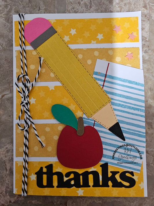 Dark Pencil, Apple, on Yellow Background (Thanks) Greeting Card