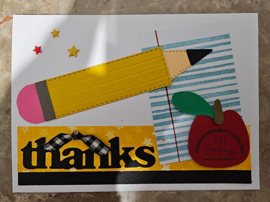 Dark Pencil, Apple, on Yellow Stars and Black Stripe (Thanks) Greeting Card
