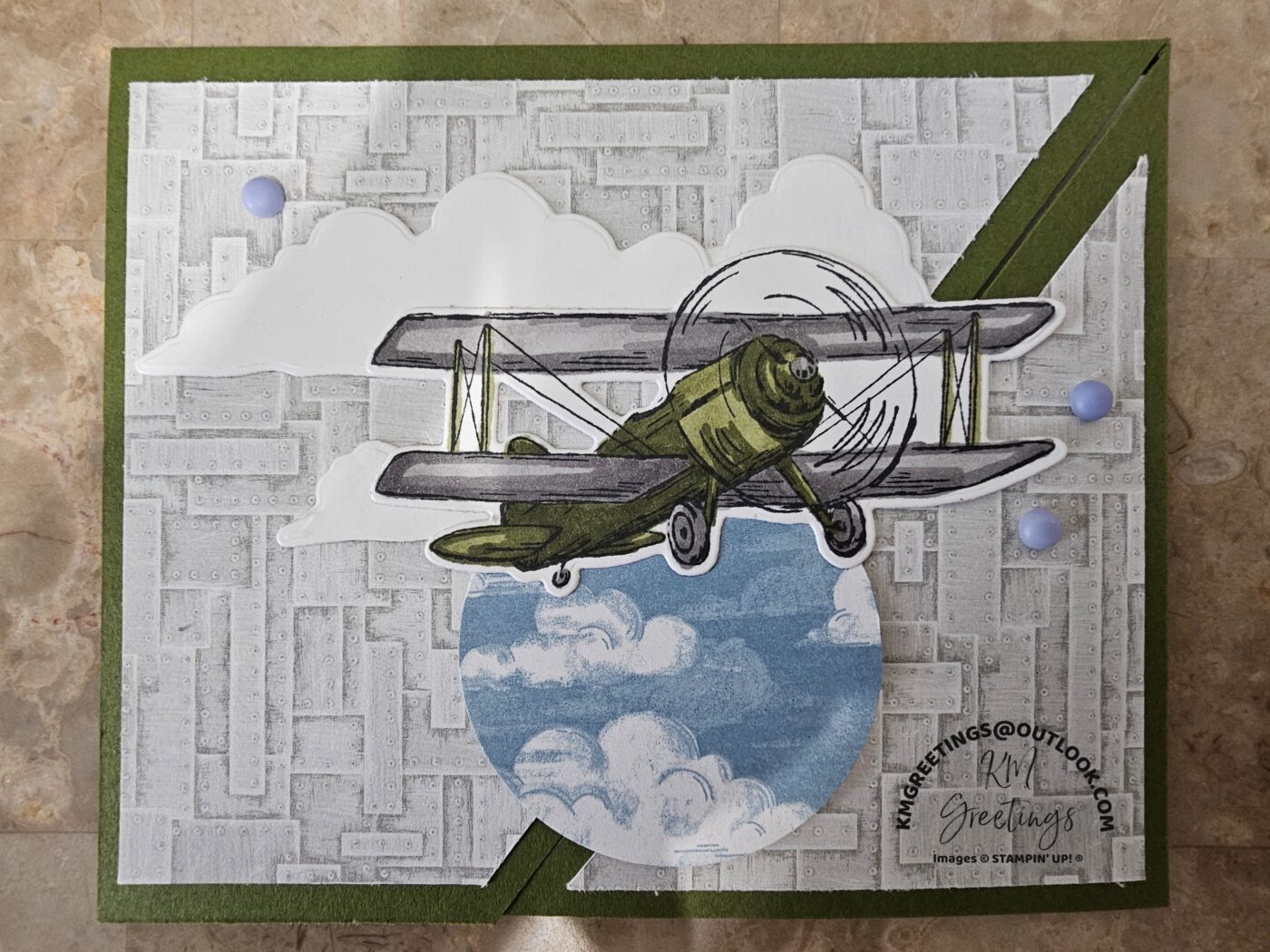 Green Plane in Clouds (on Grey Industrial Background) Greeting Card