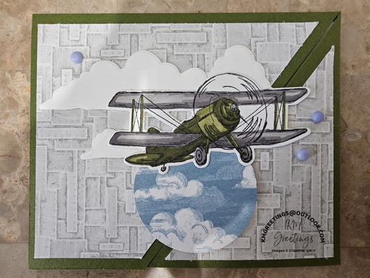 Green Plane in Clouds (on Grey Industrial Background) Greeting Card