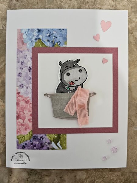 Grey Hippo in Tub with Towel Greeting Card