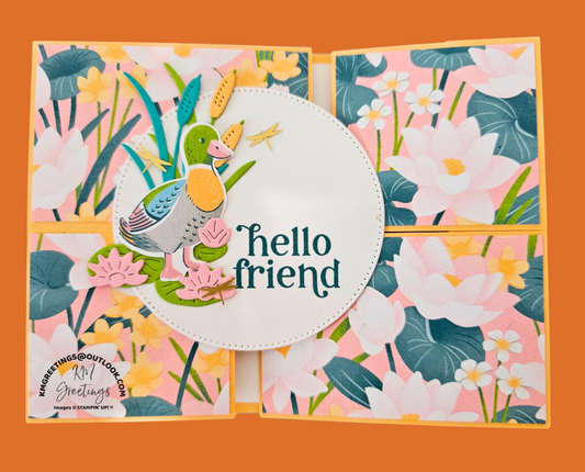 Hello Friend (Duck with Pink Lilies & Dragonflies) Greeting Card
