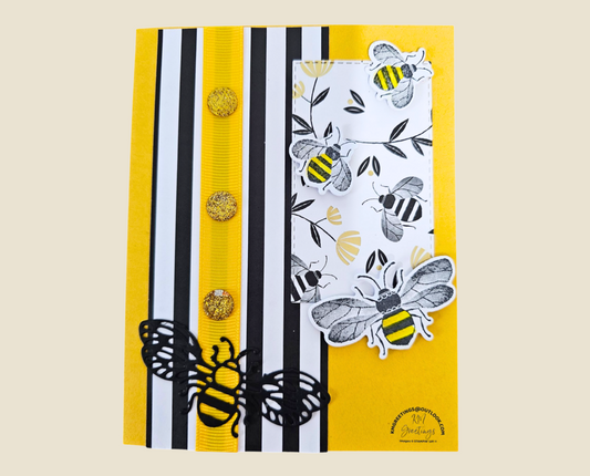 No Sentiment (Multiple Bees, Yellow Ribbon on Stripes) Greeting Card