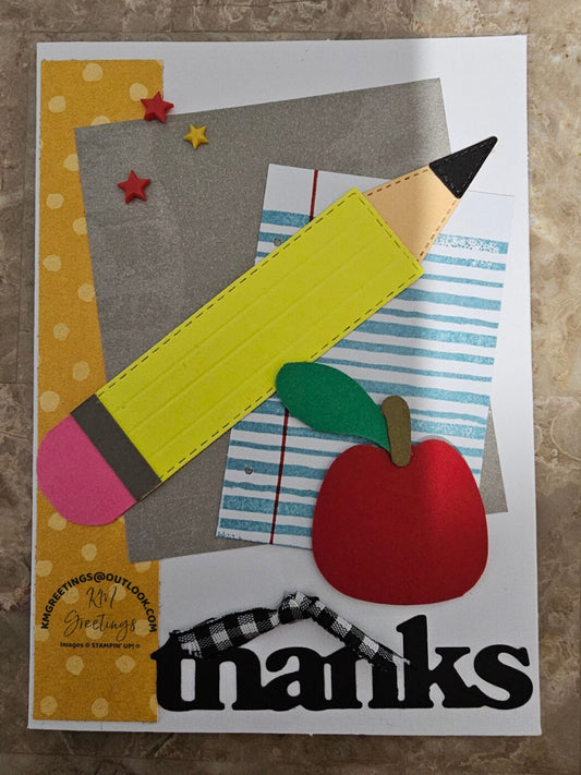 Pencil, Apple, Chalkboard on Yellow Dotted Background (Thanks) Greeting Card