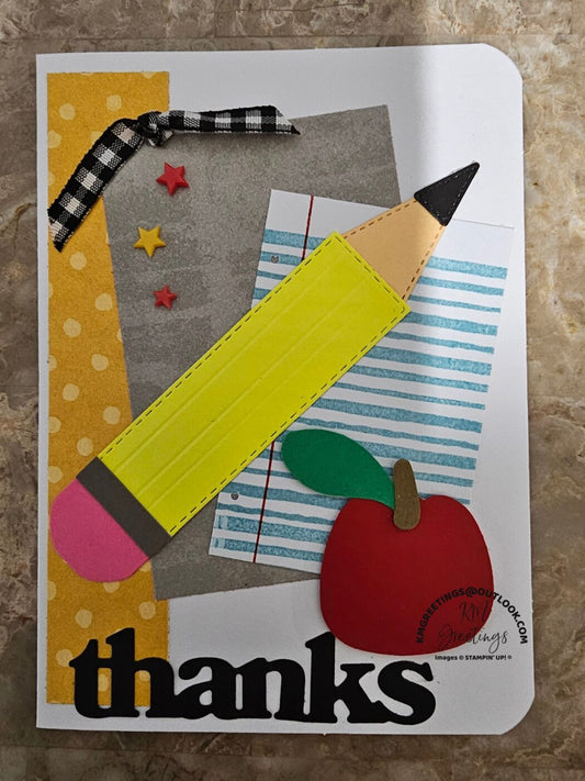 Pencil, Apple, Chalkboard on Yellow Dotted Background with Rounded Corner (Thanks) Greeting Card