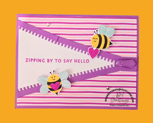 Zipping By To Say Hello (Purple Zippered Striped Shirt with Bees) Greeting Card