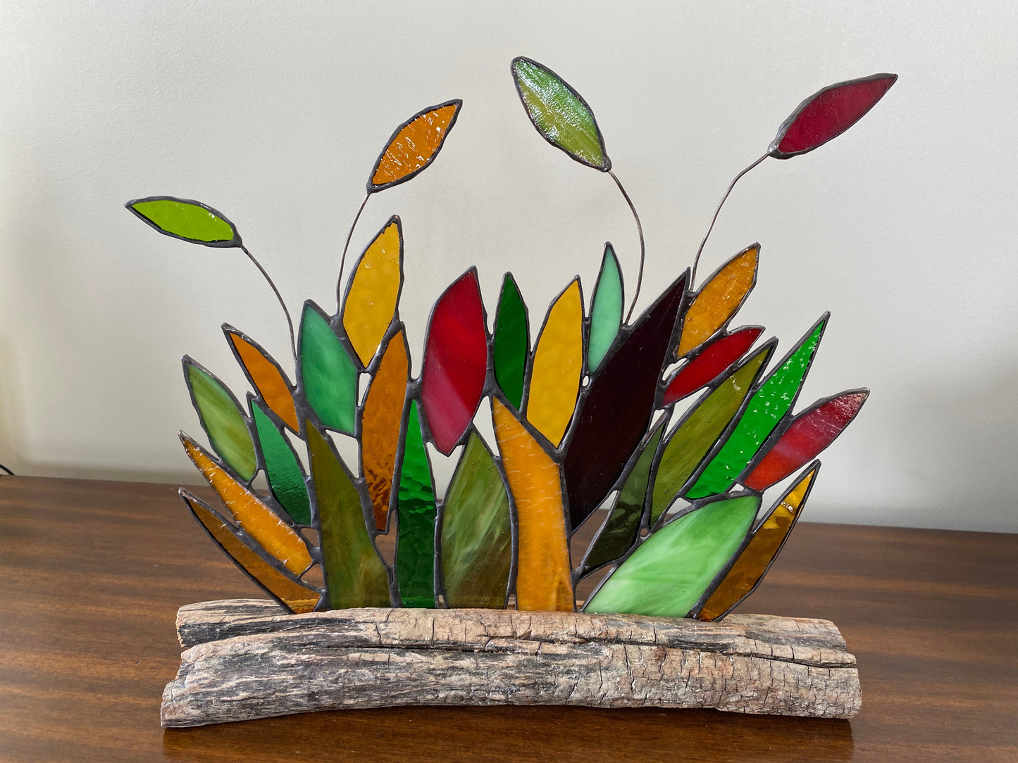 Stained Glass Falling Leaves Panel Inlaid on Driftwood Base -  available in a variety of colours to choose from