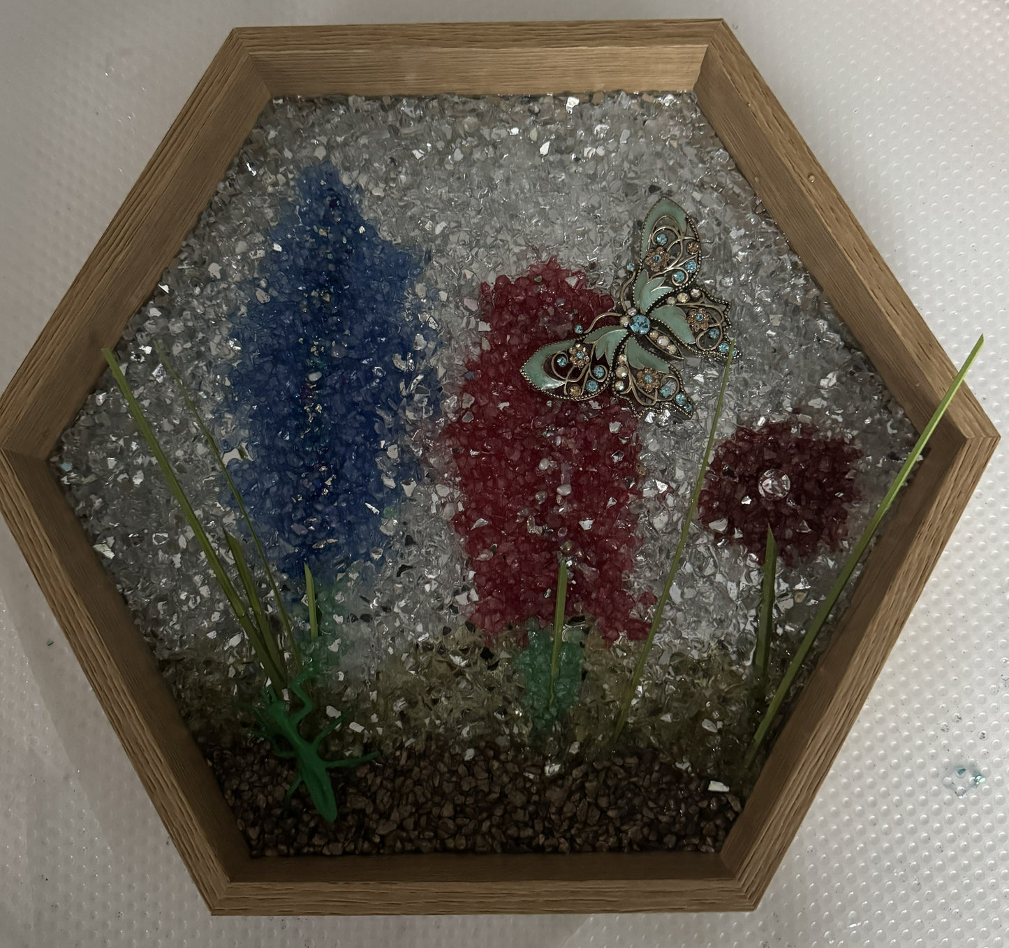 Beautiful shelf sitting Framed Cut Glass Pictures.