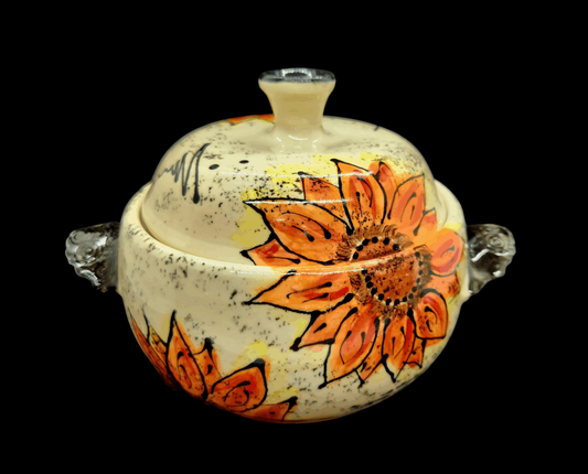 Covered Casserole Dish with Wooden Spoon - Orange Sunflower Motif