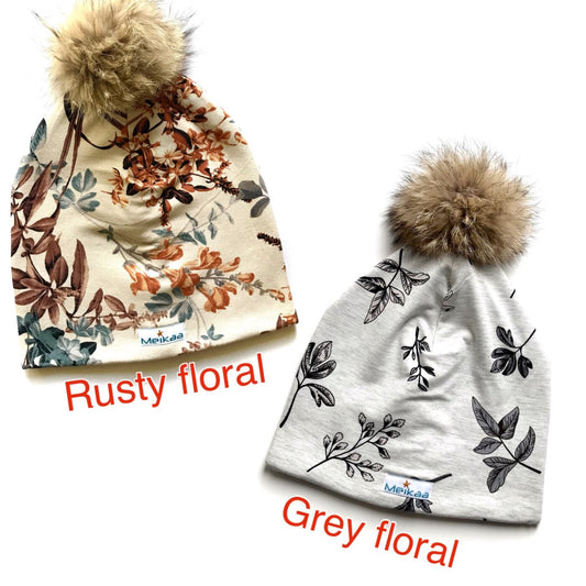 Winter Bamboo Floral Hat with Recycle Fur Pompom