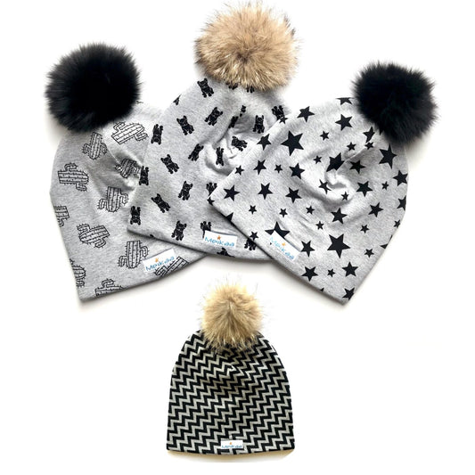 Winter Bamboo Grey Pattern Hat with Recycle Fur Pompom