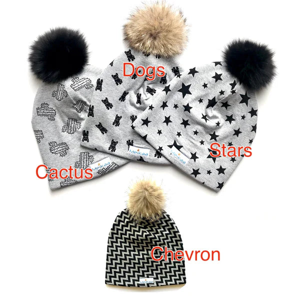 Winter Bamboo Grey Pattern Hat with Recycle Fur Pompom