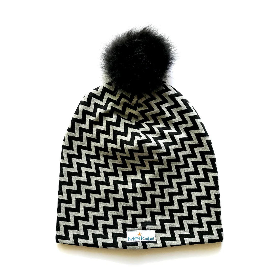 Winter Bamboo Grey Pattern Hat with Recycle Fur Pompom