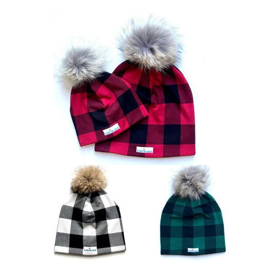 Winter Bamboo Plaid Hat with Recycle Fur Pompom