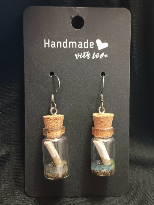 Message in a bottle dangle earrings with cork stoppers and rolled paper inside