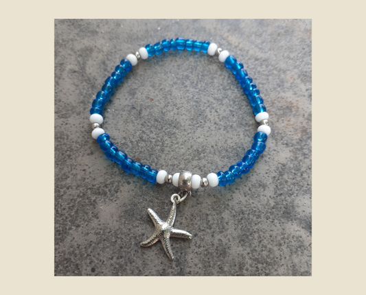 Azure Sparkling Blue Seed Bead Stretch Style Bracelet with White Seed Beads and Shiny Silver Spacer Beads and 3D Starfish Charm