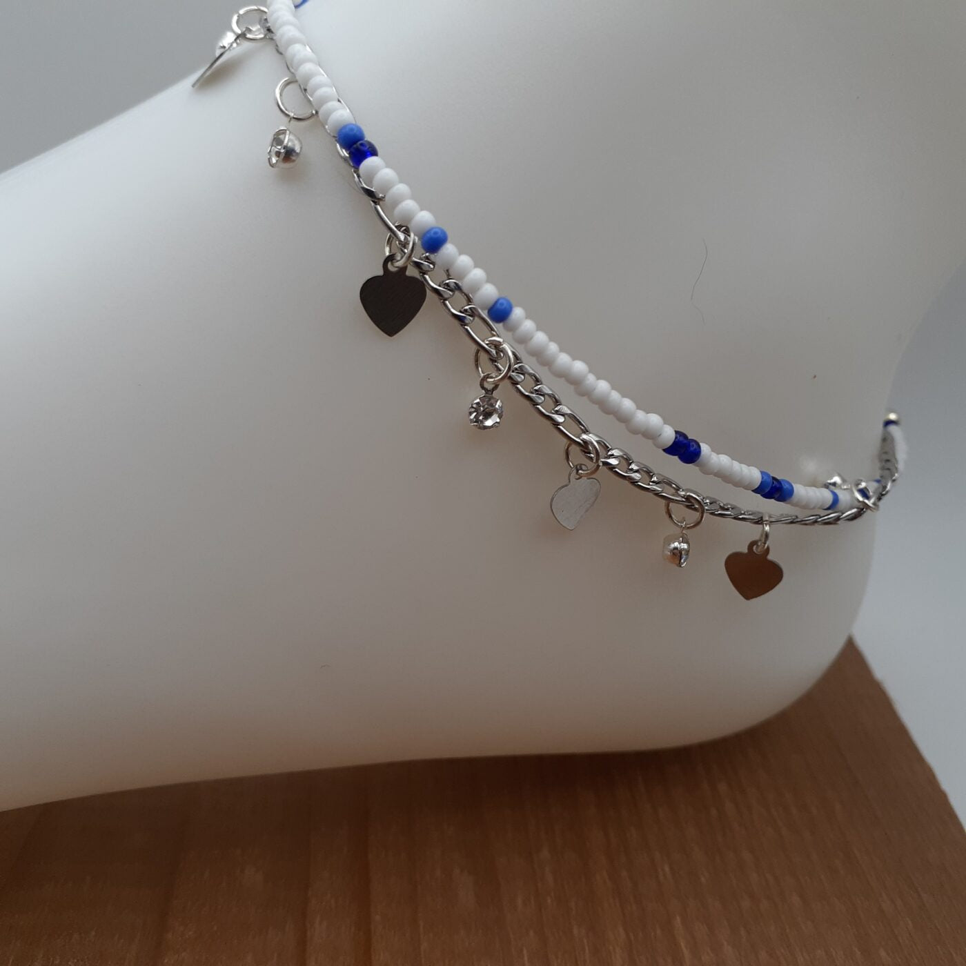 2 Strand Anklet White and Blue Seed Bead and Chain with Rhinestones and Tiny Silver Heart Charms