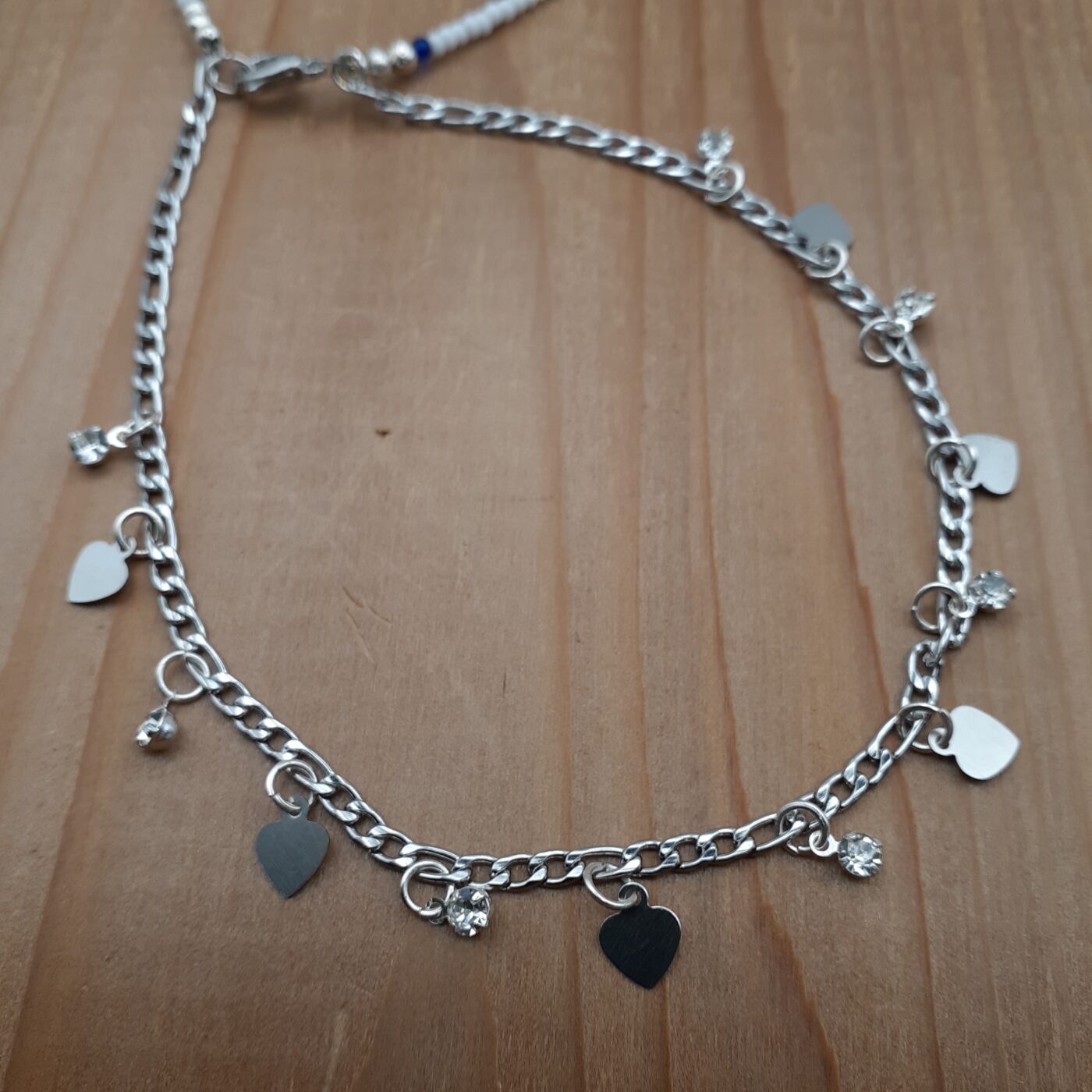 2 Strand Anklet White and Blue Seed Bead and Chain with Rhinestones and Tiny Silver Heart Charms