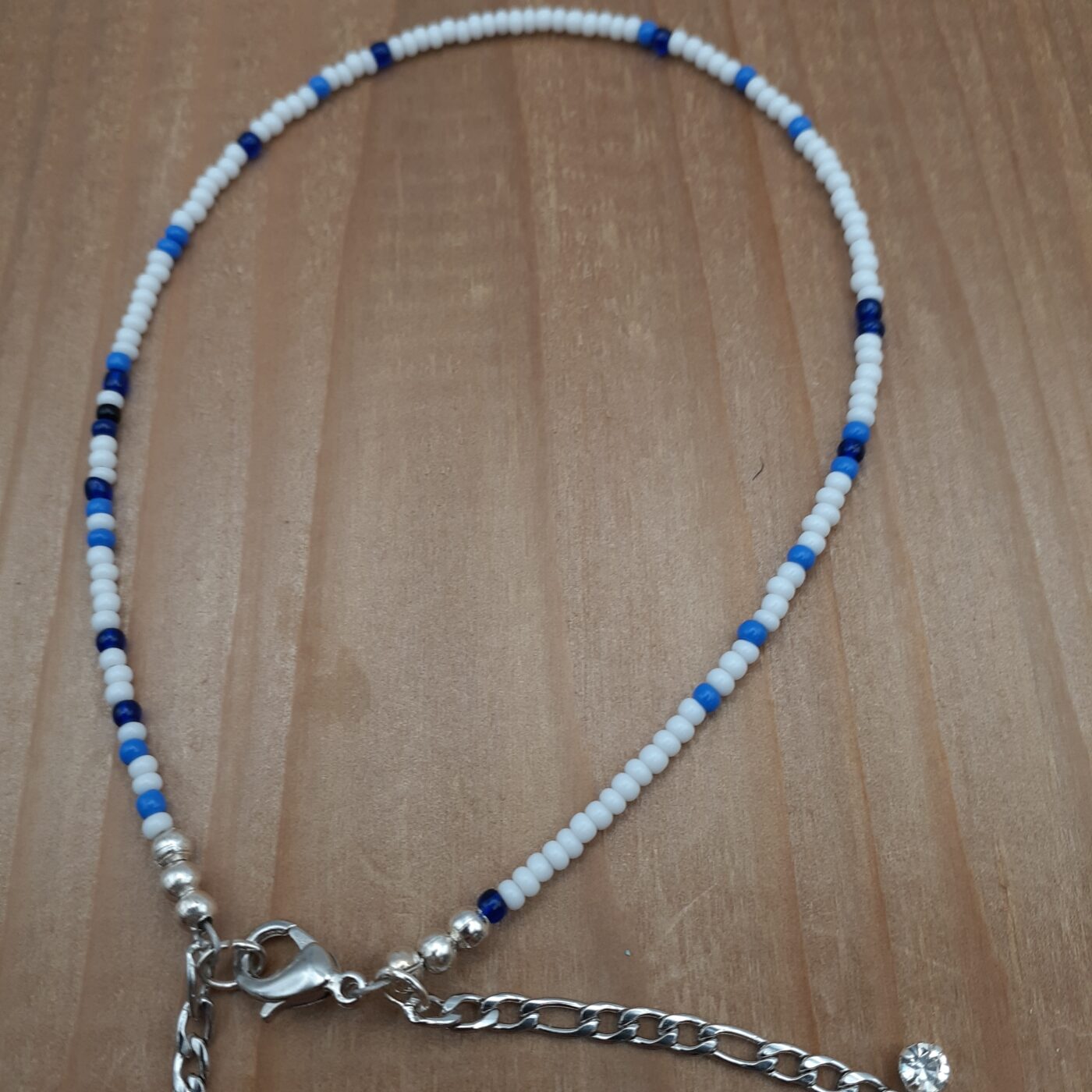 2 Strand Anklet White and Blue Seed Bead and Chain with Rhinestones and Tiny Silver Heart Charms