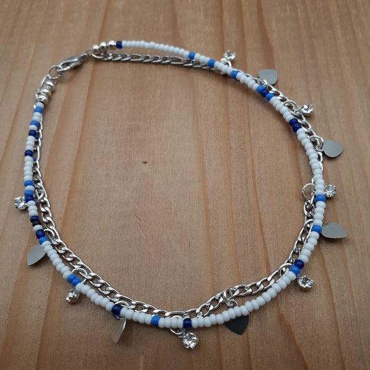 2 Strand Anklet White and Blue Seed Bead and Chain with Rhinestones and Tiny Silver Heart Charms
