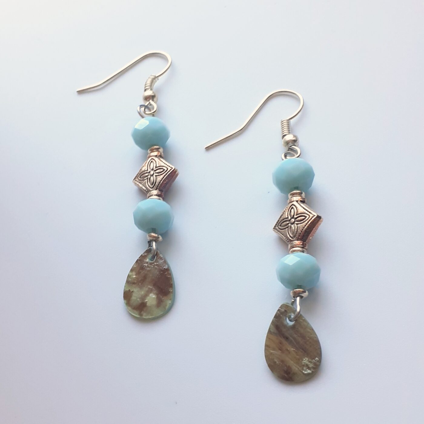 Aqua Blue Dangle Earrings with Tibetan Silver Diamond Charms and Mother of Pearl Shells