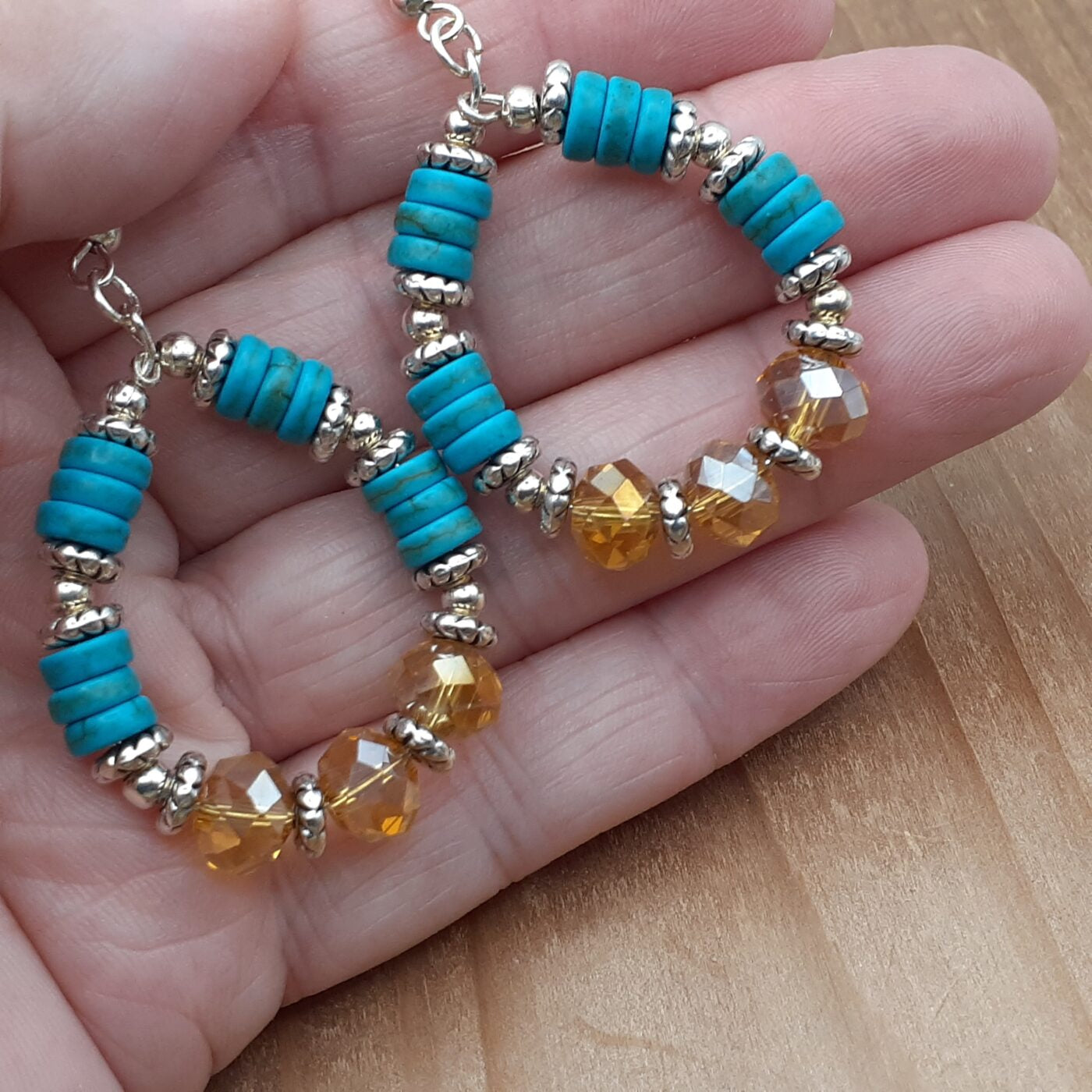 Bold Tropical Turquoise Hoop Earrings with Silver Spacer Beads and Topaz Colour Faceted Glass Czech Crystals