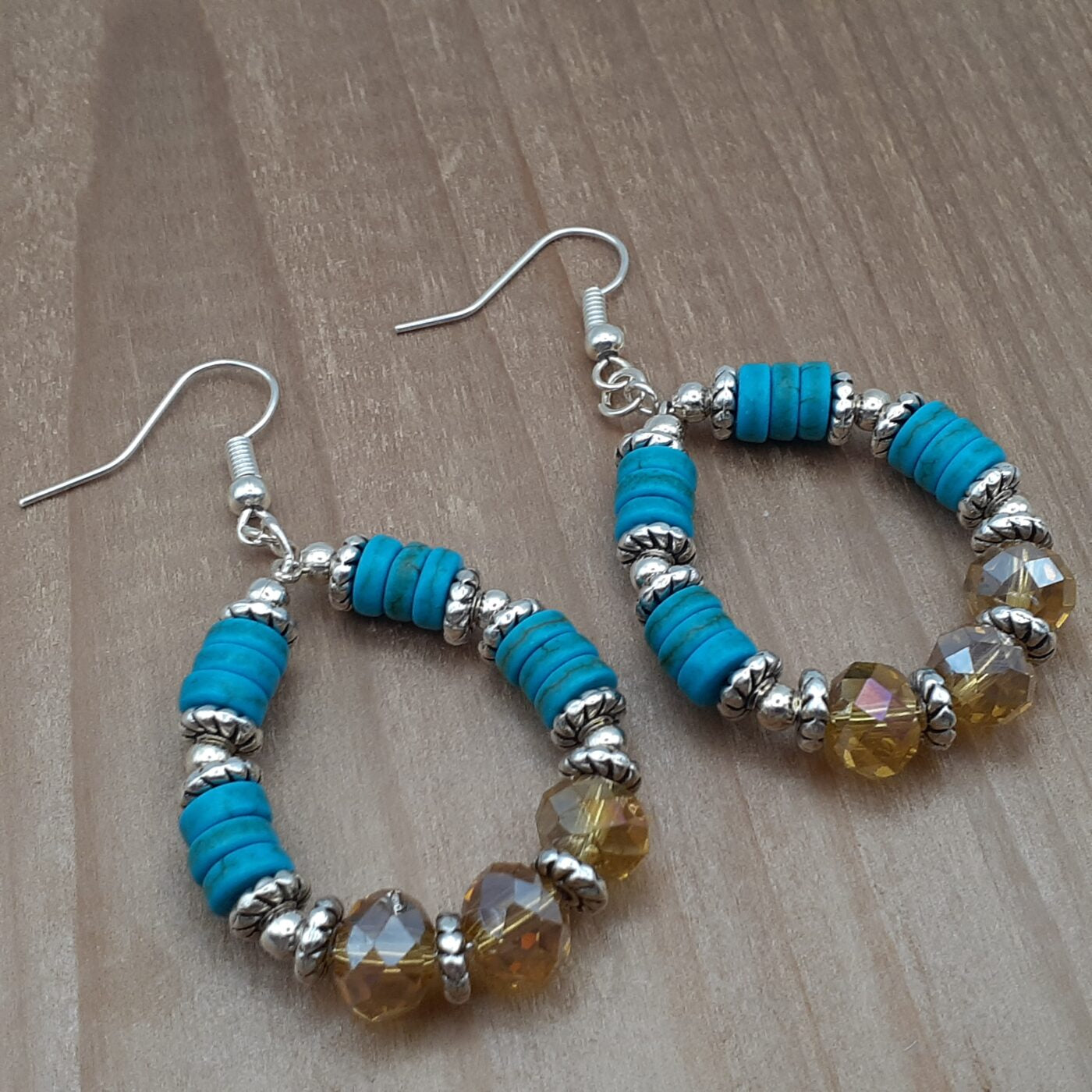 Bold Tropical Turquoise Hoop Earrings with Silver Spacer Beads and Topaz Colour Faceted Glass Czech Crystals