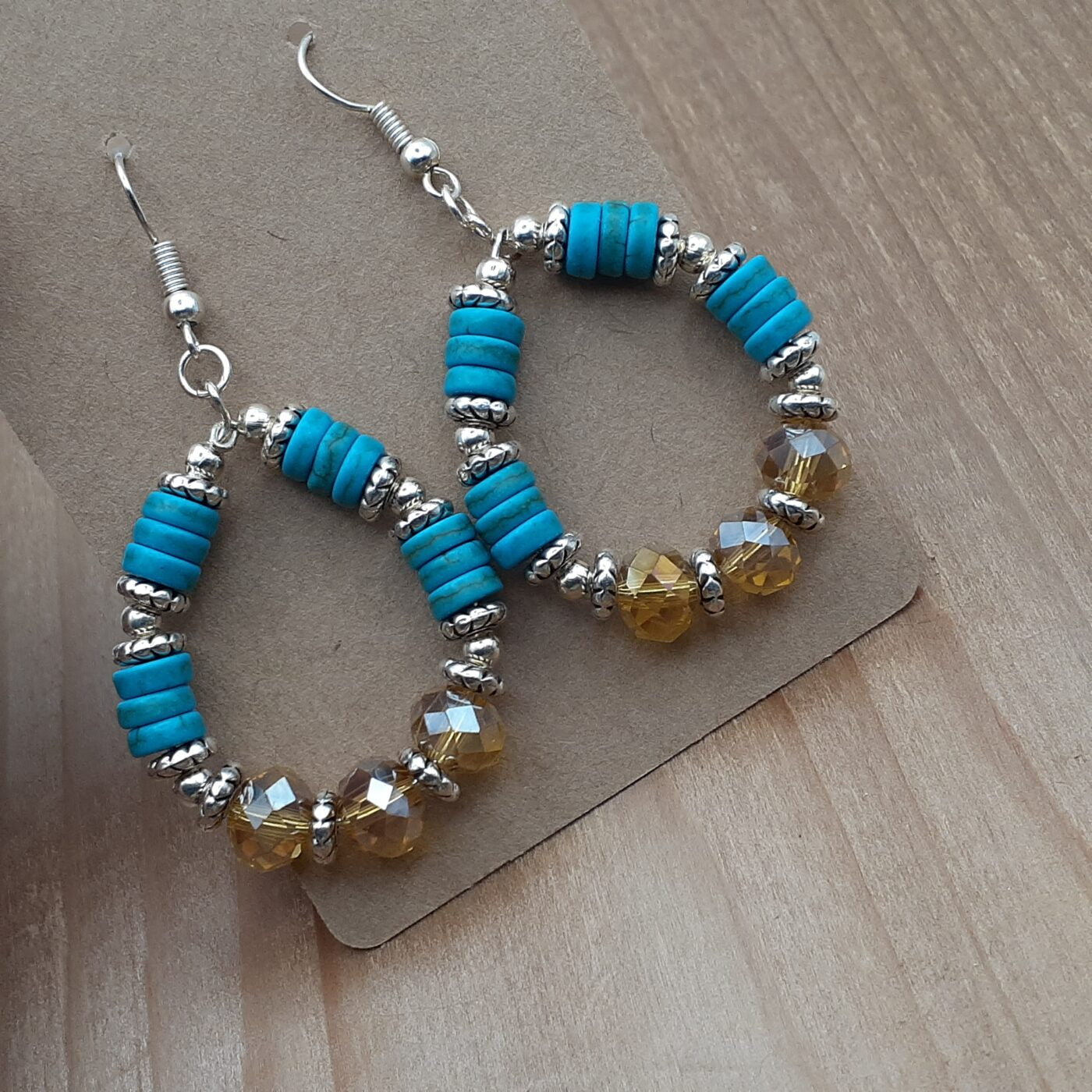 Bold Tropical Turquoise Hoop Earrings with Silver Spacer Beads and Topaz Colour Faceted Glass Czech Crystals