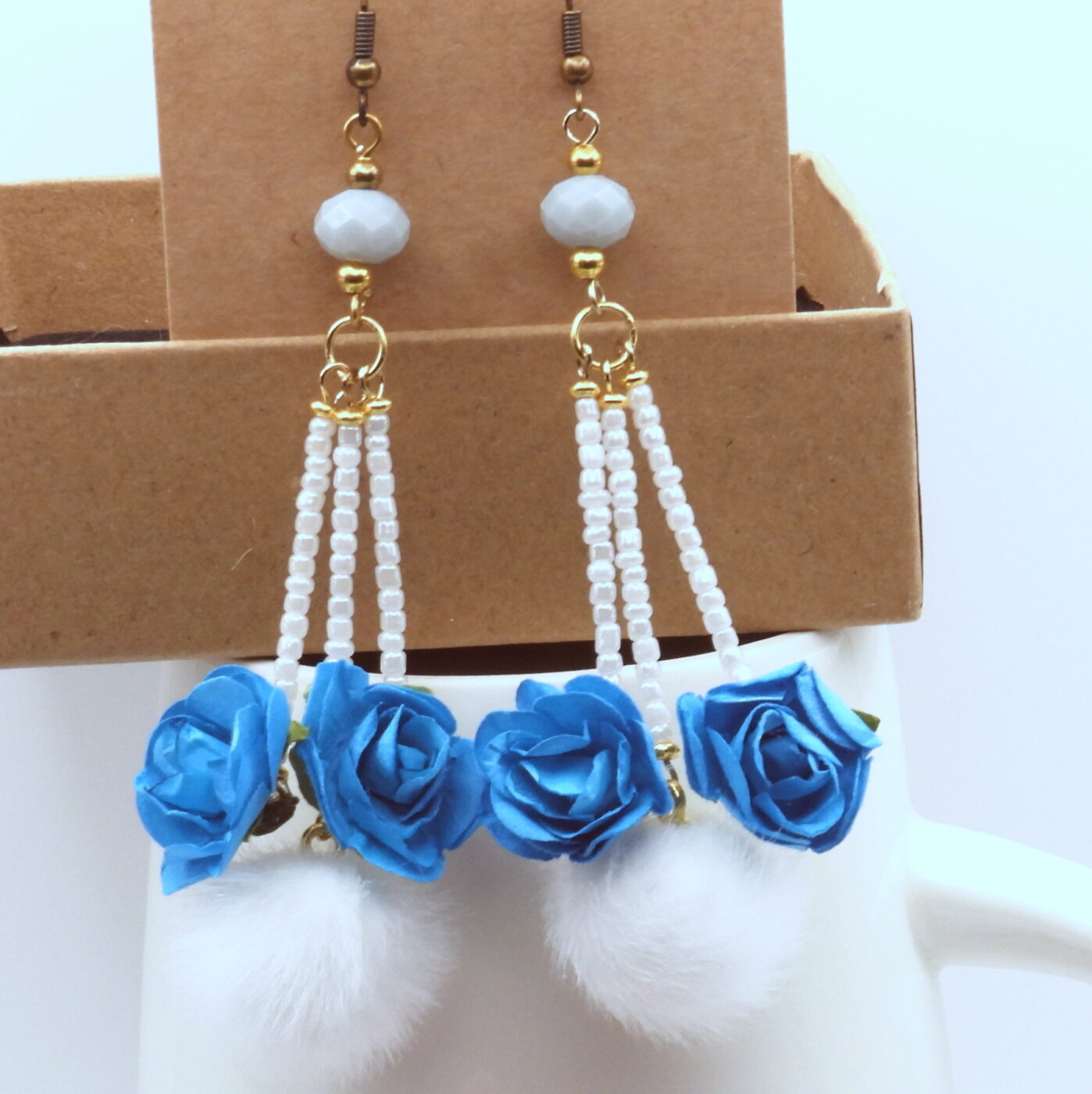 Elegant White Faux Fur Pom Pom Earrings with Deep Blue Paper Roses and White Seed Beads