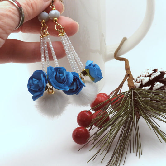 Elegant White Faux Fur Pom Pom Earrings with Deep Blue Paper Roses and White Seed Beads