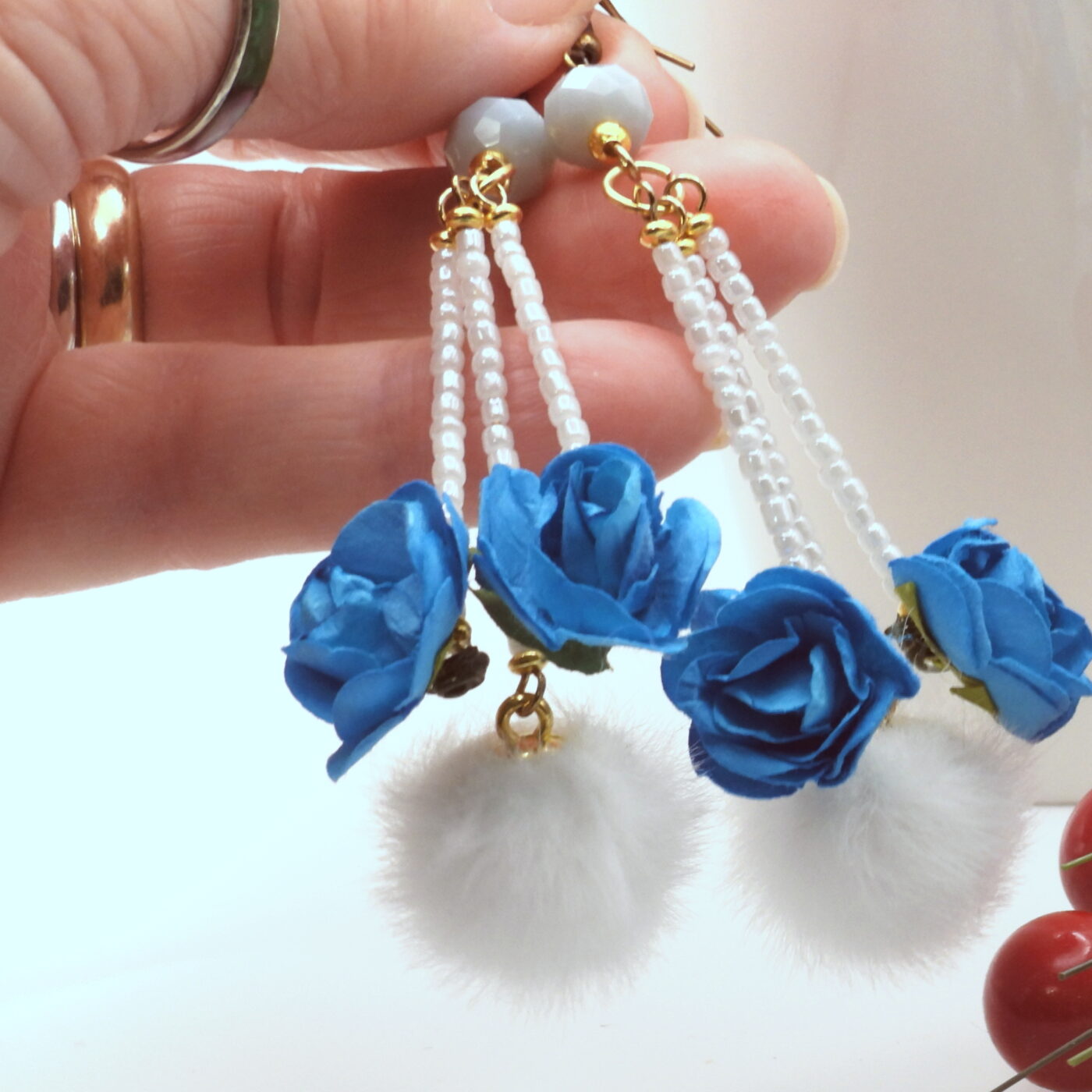 Elegant White Faux Fur Pom Pom Earrings with Deep Blue Paper Roses and White Seed Beads