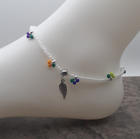 A “Tutti-Frutti” Stretch Anklet White Seed Beads with Little Fruity Accents of Colourful Beads