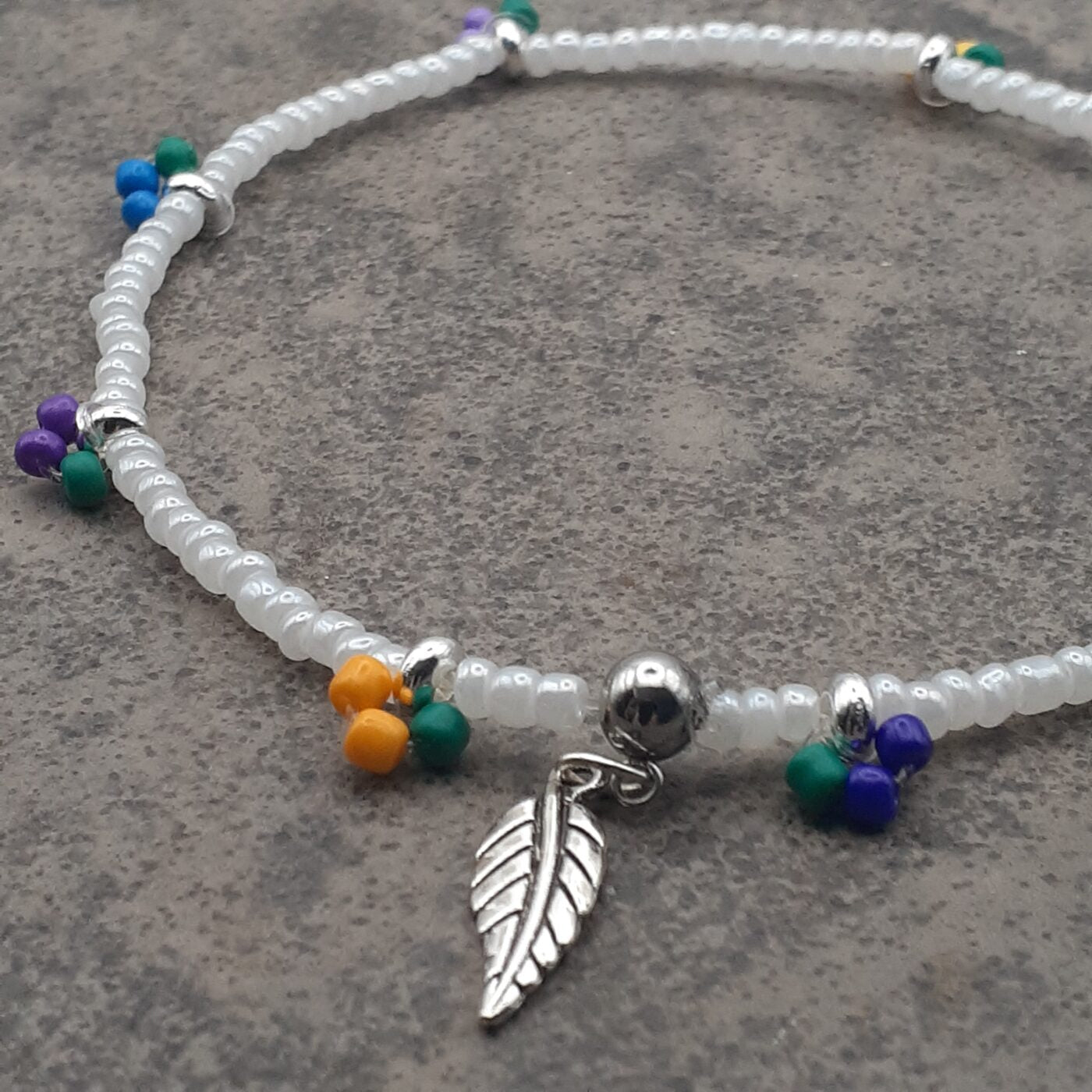 A “Tutti-Frutti” Stretch Anklet White Seed Beads with Little Fruity Accents of Colourful Beads