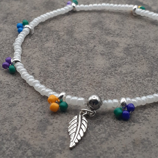 A “Tutti-Frutti” Stretch Anklet White Seed Beads with Little Fruity Accents of Colourful Beads