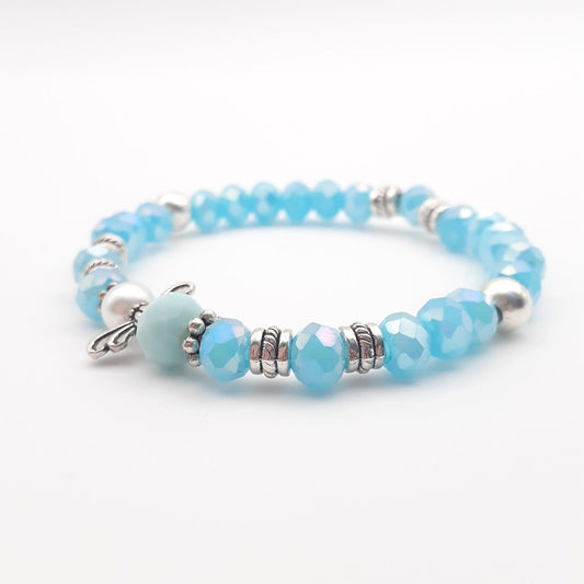 Angel Stretch Bracelet with Faceted Aquamarine Blue Crystal Beads