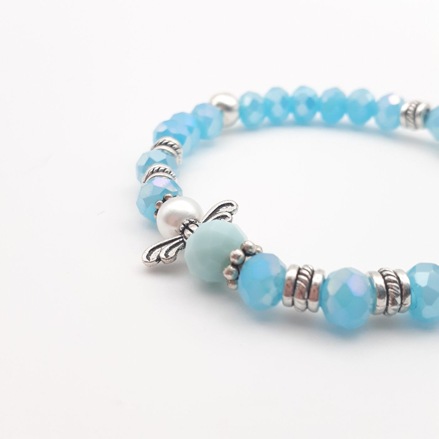 Angel Stretch Bracelet with Faceted Aquamarine Blue Crystal Beads