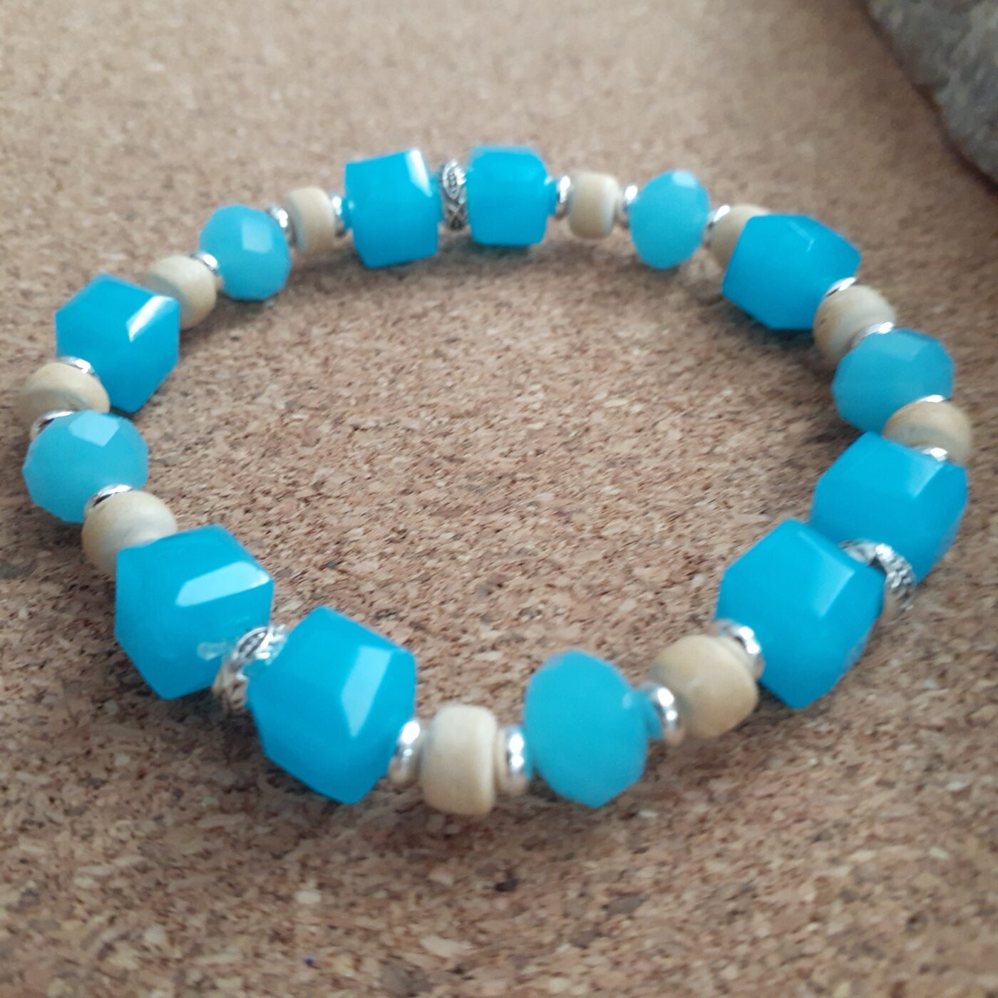 Aqua Dream Stretch Bracelet with Czech Glass Cube Beads and Tiny Silver and Wood Beads