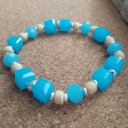 Aqua Dream Stretch Bracelet with Czech Glass Cube Beads and Tiny Silver and Wood Beads