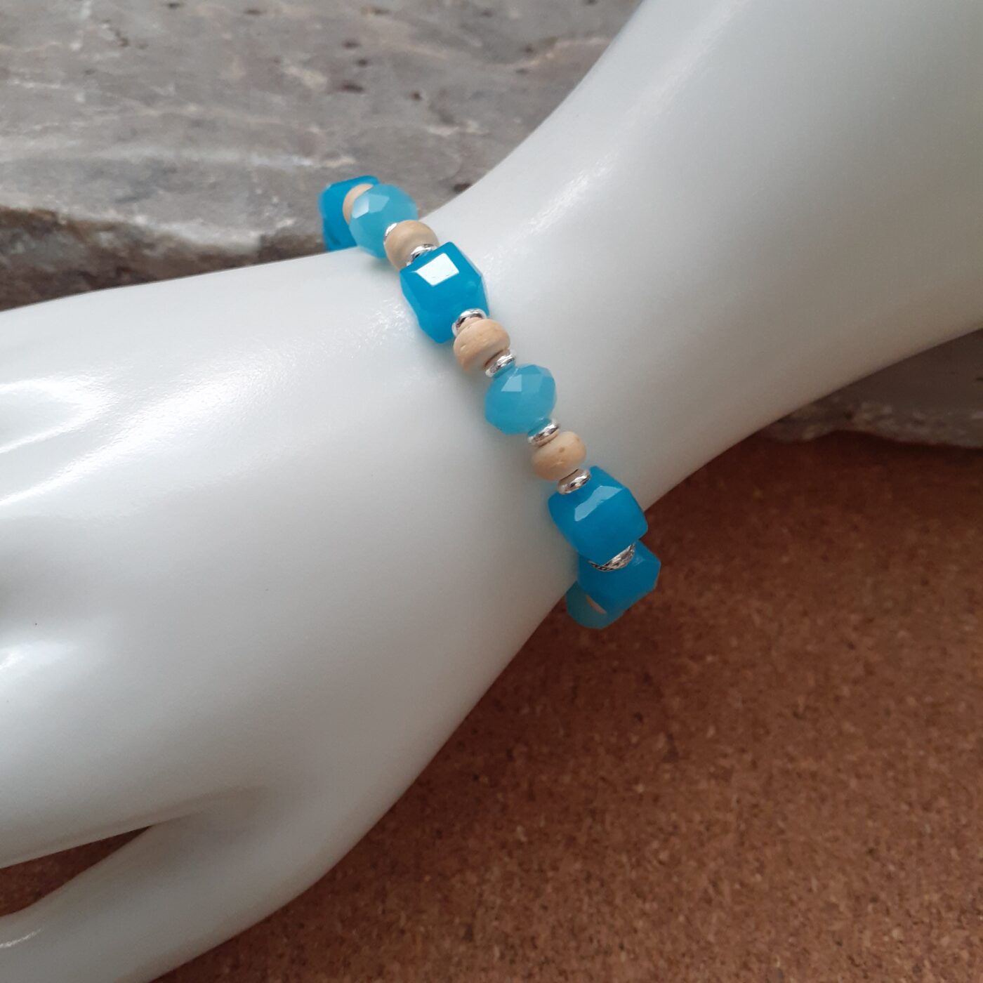 Aqua Dream Stretch Bracelet with Czech Glass Cube Beads and Tiny Silver and Wood Beads