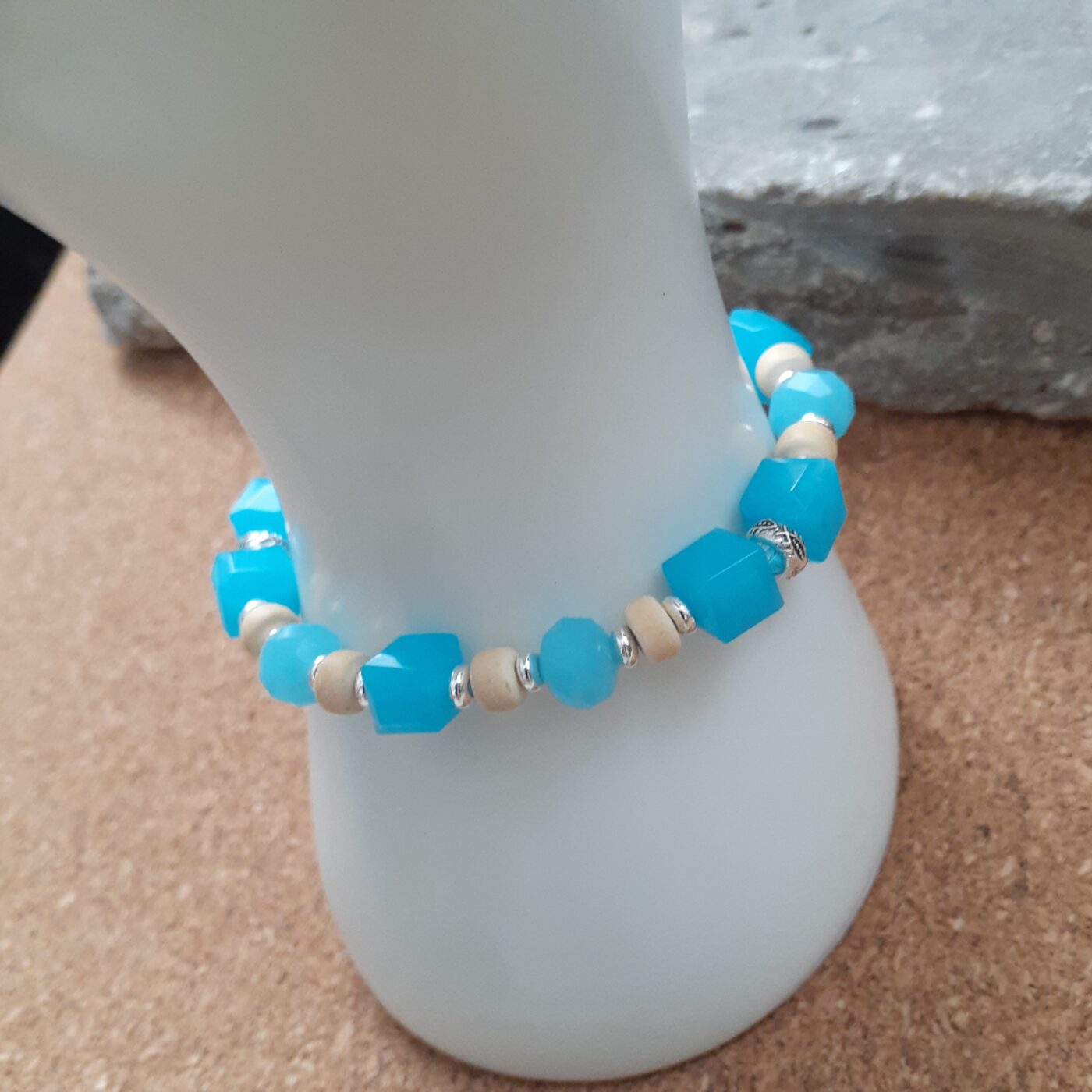 Aqua Dream Stretch Bracelet with Czech Glass Cube Beads and Tiny Silver and Wood Beads