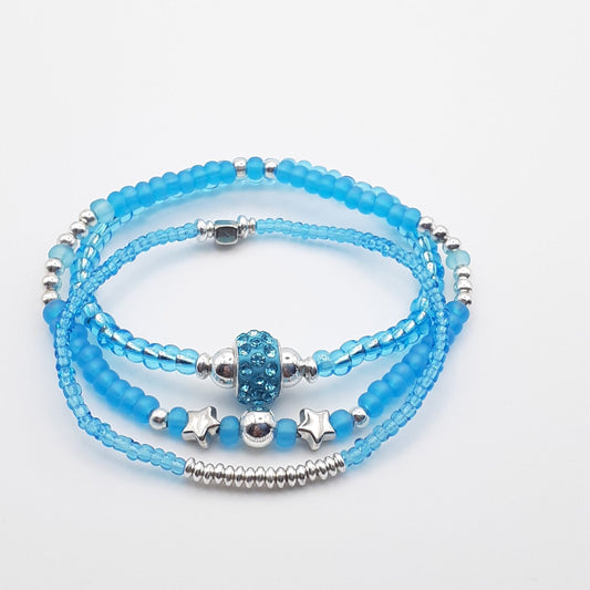 Aquamarine blue stretch-style stackable 3 pc seed bead bracelet set
