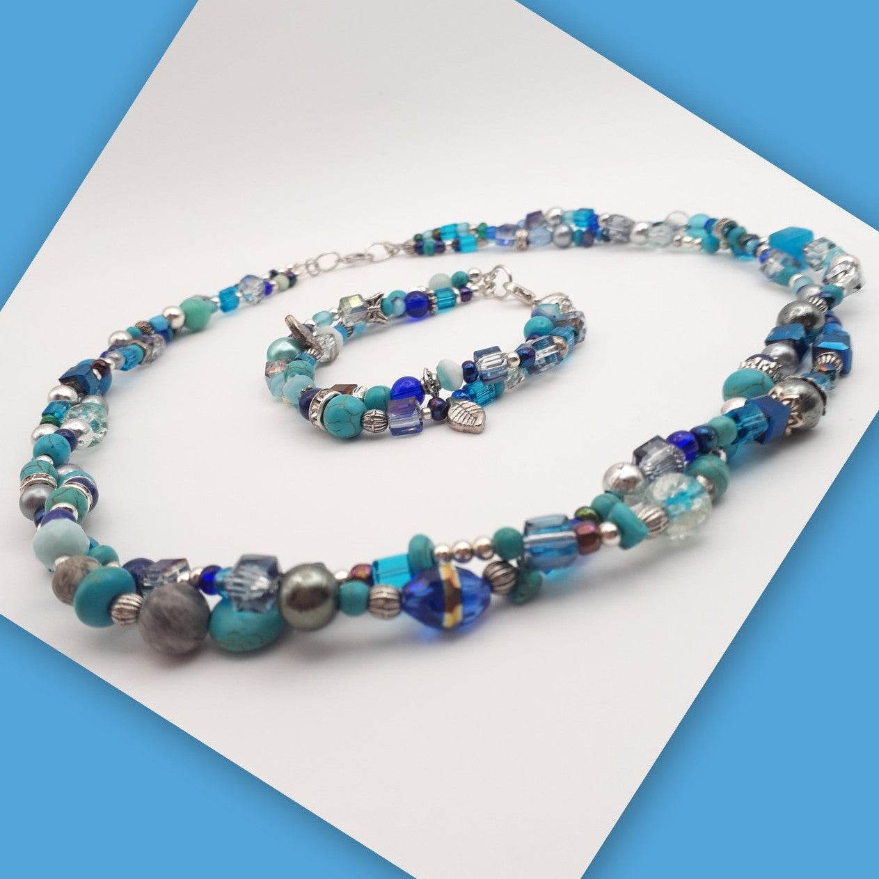 Beautiful blues bead soup twisted 2 strand 19 inch beaded necklace and bracelet matching jewelry set