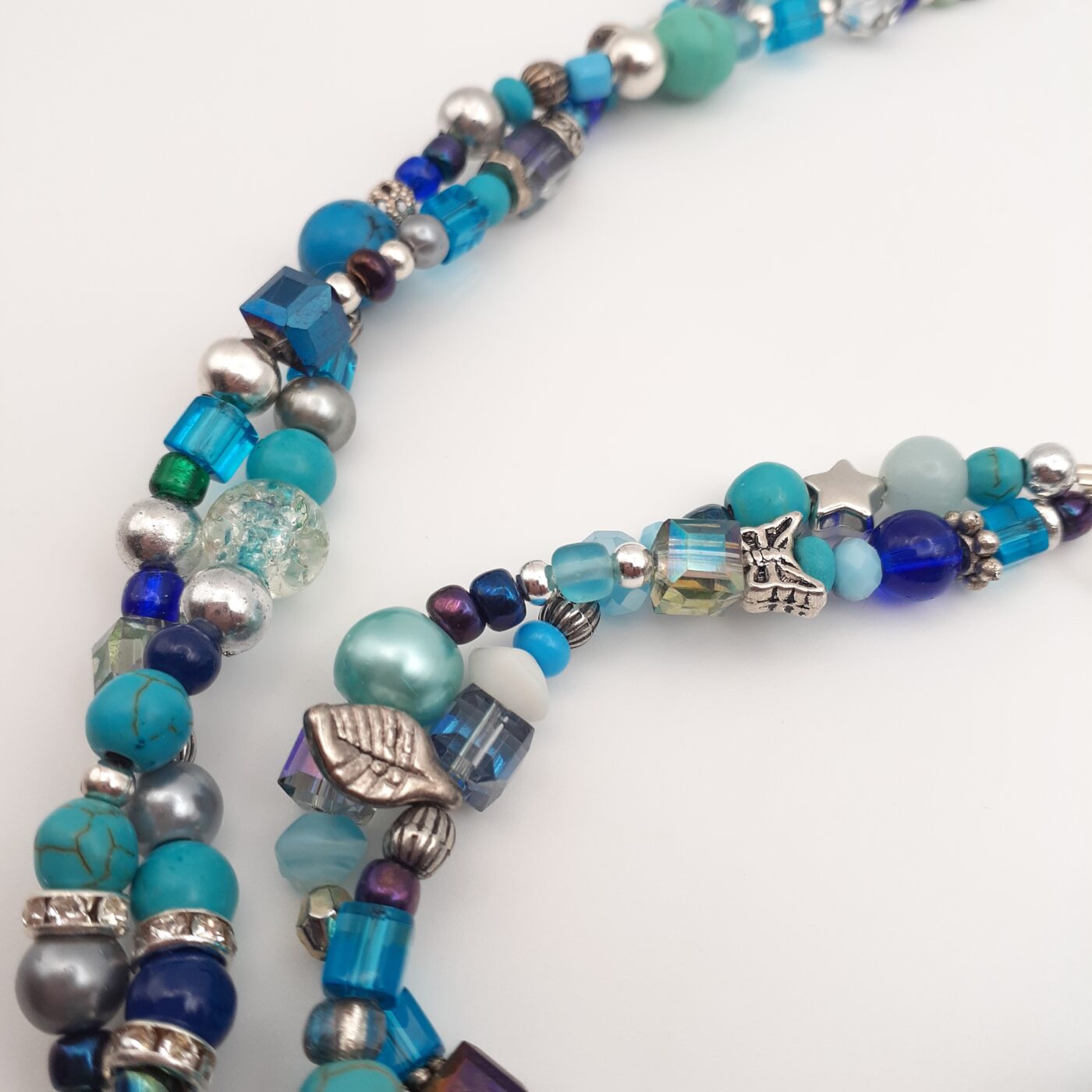 Beautiful blues bead soup twisted 2 strand 19 inch beaded necklace and bracelet matching jewelry set