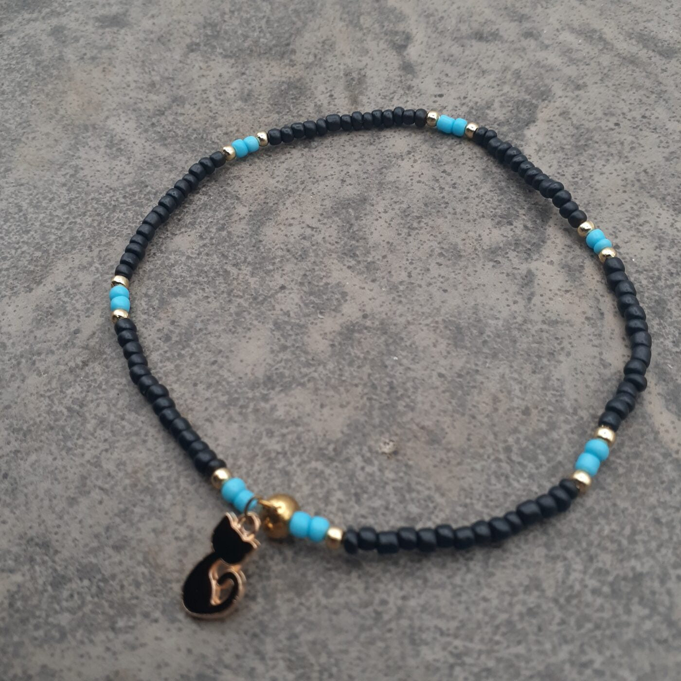 Black Cat Magic Stretch Style Anklet in Black Czech Seed Beads and Bands of Contrasting Blue and Cat Charm